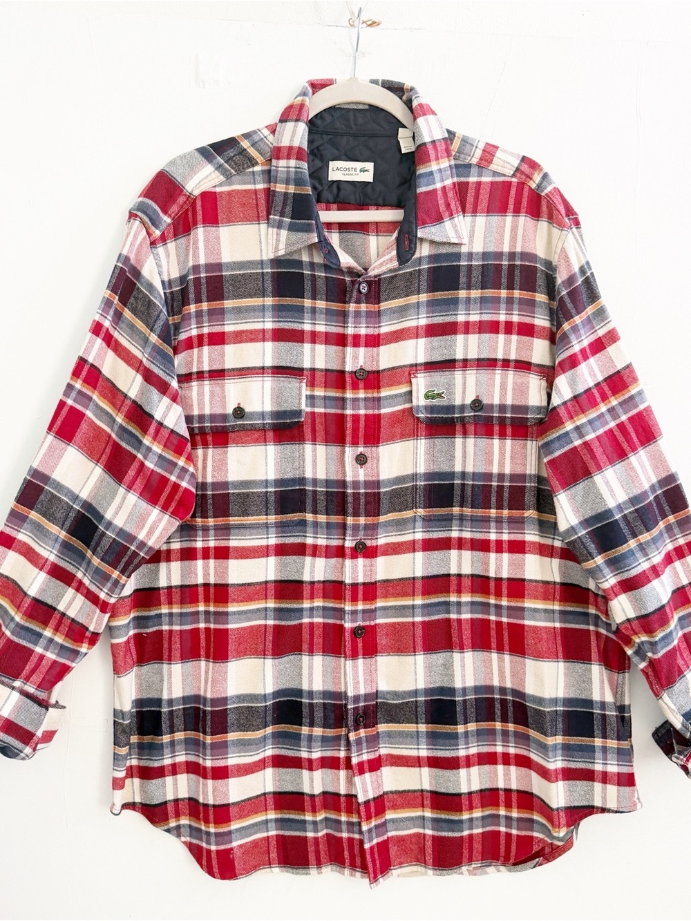 NEW Lacoste Men's Red Blue Plaid Flannel Shirt Button Down XLARGE - Picture 5 of 11